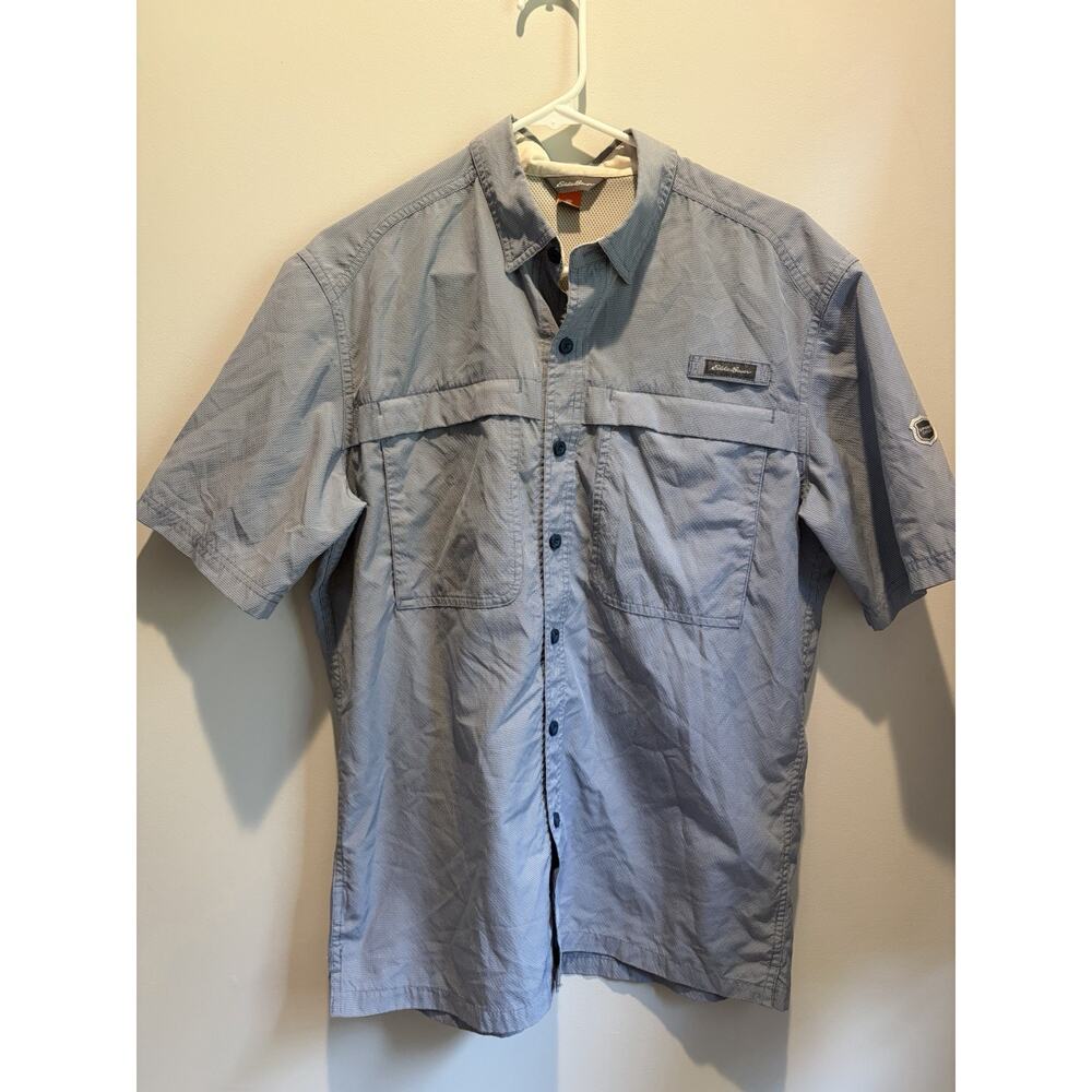 Eddie Bauer Men's Check Button-Up Shirt Blue Woven Short Sleeve Collared Size M